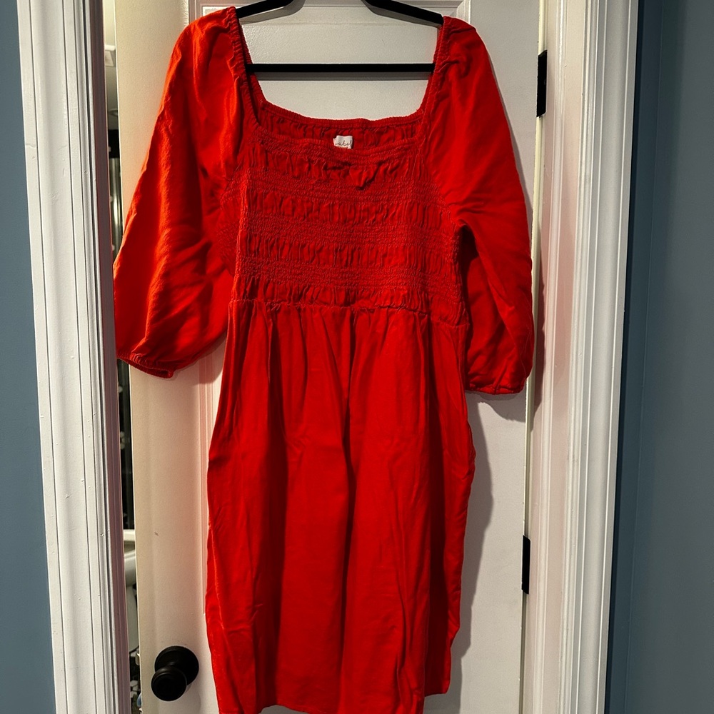 Red Smocked Square Neck Dress